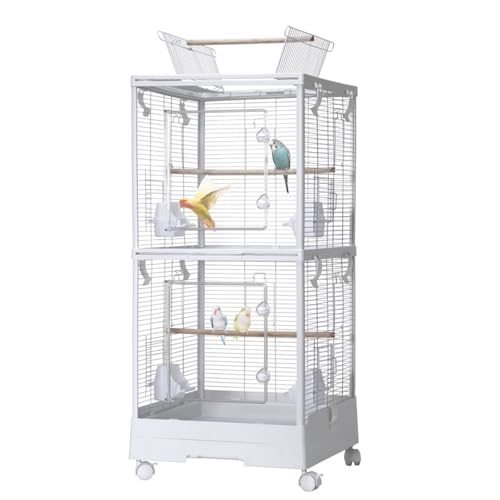 Gabbia per uccelli rimovibile a 2 ripiani, grande voliera per uccelli, 100 x 46 x 46 cm, casetta per uccelli con tettuccio giocattolo, posatoi, rotelle, vasca da pavimento, porte, paraspruzzi in