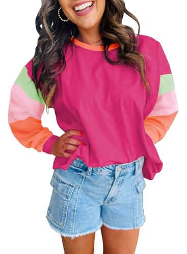 miduo Women 2025 Winter Fashion Casual Long Sleeve Tunic Tops Colorblock Stitching Crewneck Tee Shirts Blouses Hot Pink M