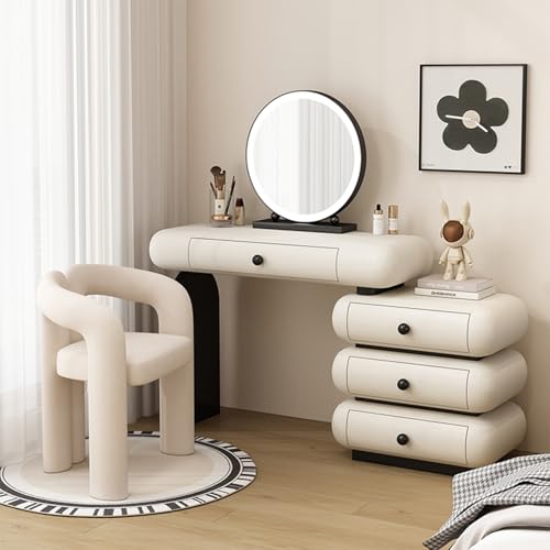 Moderno escritorio de maquillaje con 4 cajones, espejo LED y silla para tocador de dormitorio, fácil montaje