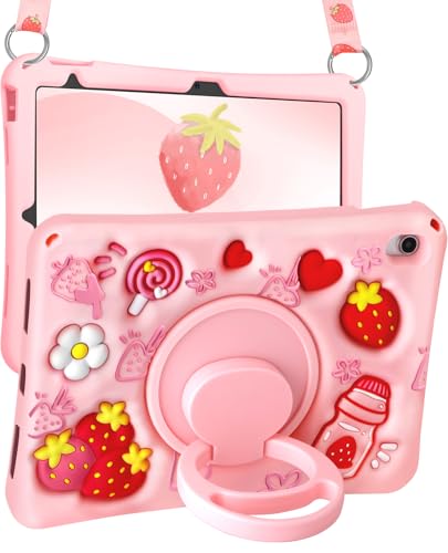 Étui pour iPad 10e génération en silicone fraise kawaii avec support rotatif