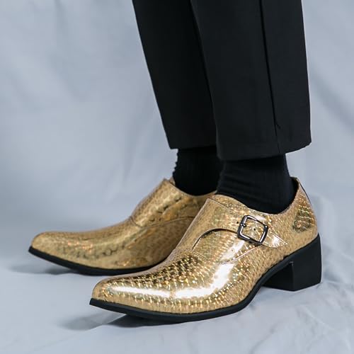 Men's Pointed Toe Chunky Heels Monk Strap Oxford Shoes,Fashion Shiny Business Formal Slip On Loafers Low Top Chelsea Wedding Derby Shoes 7