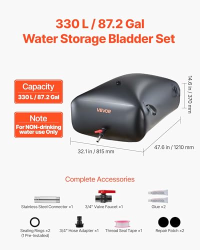 Image of VEVOR Water Storage Bladder, 87.2 Gal Collapsible Water Storage Bag, Wear-Resistant 1000D PVC Soft Waters Bag, Leakproof Camping Tank Containers for Garden Irrigation RV Emergency Use, Black