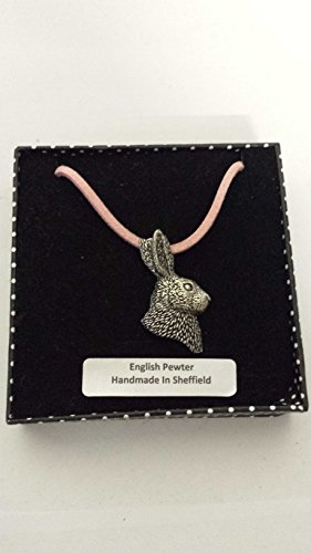 Pendentif lièvre de tête étain anglais collier réglable anti-allergie cordon rose