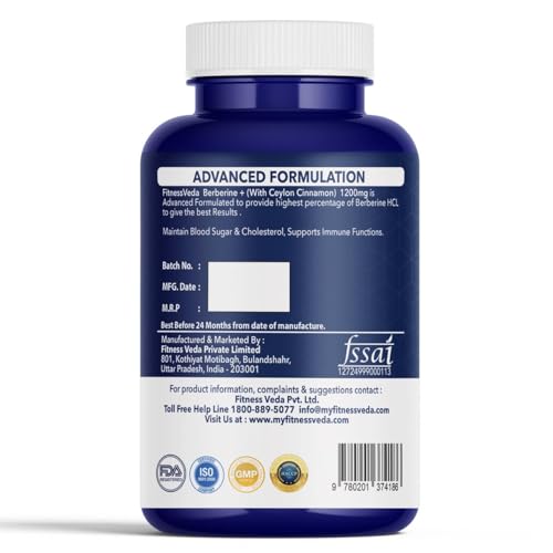 Image of FITNESS VEDA Berberine HCL 1200mg - 120 Capsules High Potency Herbal Supplement for Blood Sugar & Insulin Support | Supports Metabolic & Cardiovascular Health | Non-GMO, Vegan-Friendly - 120 Capsules