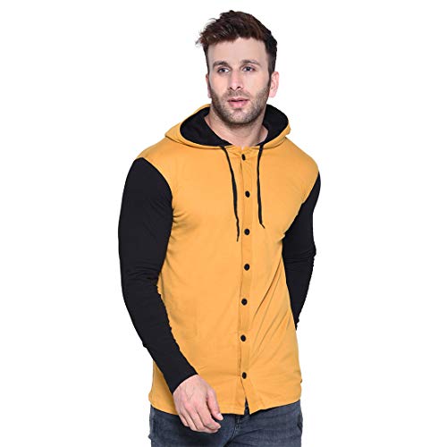 Image of Geum Men's Full Sleeve Hooded T-Shirt with Button-Down Front | Casual Slim Fit Cotton Shirt-Style Tee