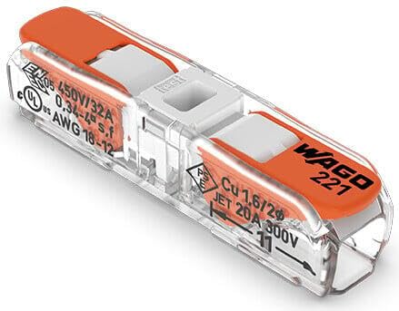 WAGO Inline splicing connector with lever; for all conductor types; 12 AWG (max.); 2-conductor; transparent housing; white cover, 221-2401