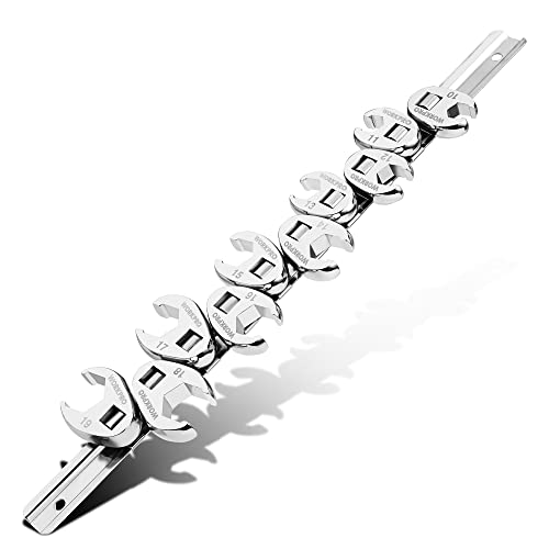 WORKPRO 3/8" Drive Flare Nut Wrench Set, 10-piece Crowfoot Flare Nut Tool Kit, Metric 10-19mm, Steel Wrench With Storage Rail for Nut Removal Flare nu
