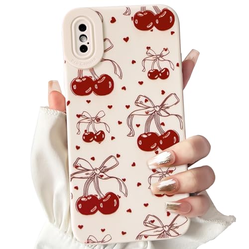 NITITOP Compatible with iPhone X/XS Case Cute Bowknot Cherry Pattern Little Heart for Women Girl Soft TPU Shockproof Protective Phone Cover Girly - White