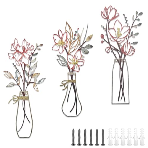 SHOUNAJIA 3 Pcs Metal Flowers Wall Decor, Rustic Farmhouse Wall Arts, Metal Floral Art for Bathroom Bedroom Living Room Kitchen Office, Boho Floral Minimalist Decor, Housewarming Gift (Pink)