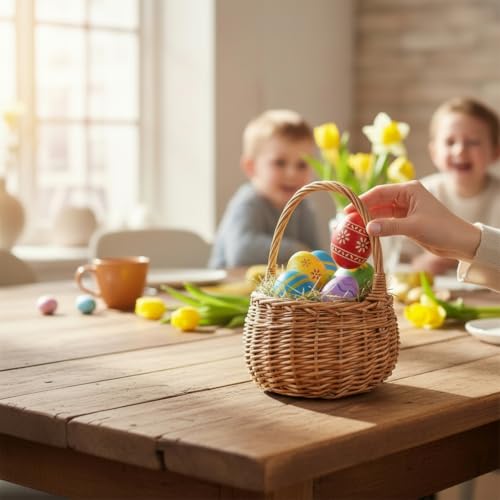 Creative Home Osterkorb Kleiner Weidenkorb mit Henkel | Klein 16 x 16 x 20 cm (+/- 2 cm) | Handgeflochtener, Geschenkkorb, Obstkorb, Bügelkorb | Naturfarbe | Osterkörbchen