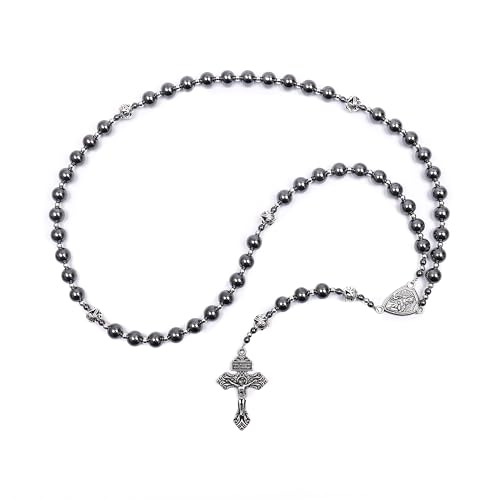 Image of Nazareth Store Hematite Rosary Black Stone Beads Necklace Metal Beaded Silver-Plated Medal & Cross for Men NS