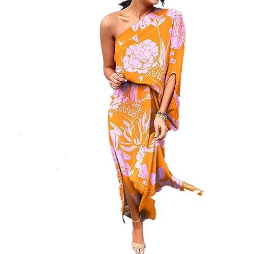 YGJKLIS Damen Sommer Oblique Schulter Off Shoulder Taille Kleid Floral Print Lose Split Long Casual Beach Party Kleid (Orange,XL)