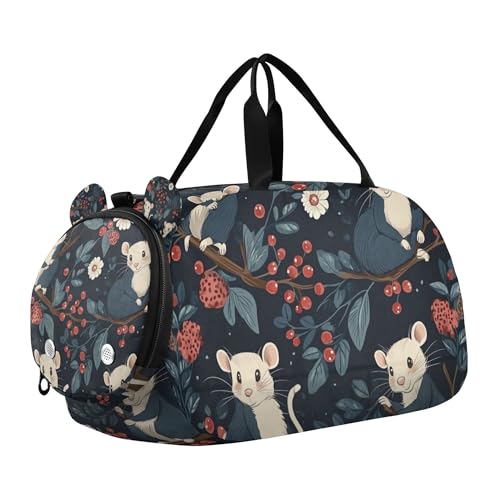 Glaphy Cute Opossums Floral Flowers Duffle Bag for Toddler Boys Girls, Gym Sports Bag with Shoe Compartments, Kids Travel Overnight Weekender Shoulder Bag