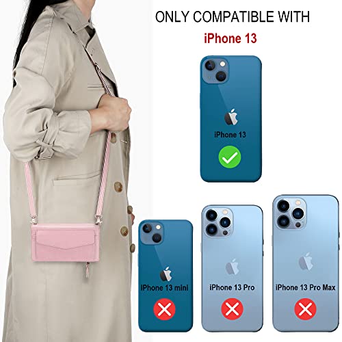 Dkdksip Wallet Case For Iphone 13 5G (6.1 Inch), Rfid Blocking 2 In 1 Detachable Folio Flip Magnetic Cover, Pu Leather Zipper Purse With Crossbody Wristlet Strap Card Holder For Iphone 13, Pink #TOP1