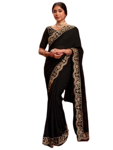 Image of Satrani Women's Vichitra Silk Sequins Embroidery Lace Work Saree with Unstitched Blouse Piece