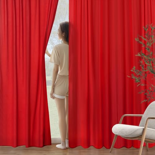 Image of MIULEE Red Semi Sheer Privacy Curtains Drapes 2 Panels 52W x 72L | Semi sheer privacy, non-see-through, light filtering, fits kitchen, bathroom, bedroom
