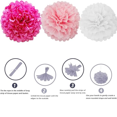 Image of We Moment Rose Red and Pink White Paper Flowers Decorations for Pink Party Baby Shower Ceiling Wall Hanging Tissue Pom Poms 12pcs 3 Colors