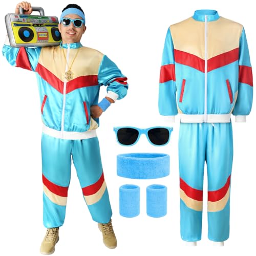 Aomig Disfarces anos 80 para homem, mulher, disfarce de fato de treino de anos 80 com colar de dólares e insufláveis rádio, fato de treino retro para Rockstar carnaval Halloween cosplay festas