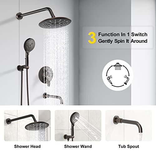 Suncleanse Bathtub Faucet Shower System: Wall Mounted 8.5" Rainfall Head Set, 7-Spray High Pressure Handheld Complete Combo, Valve With Trim Kit, Oil Rubbed Bronze Tub Spout For Rain Luxury Bathroom #TOP2