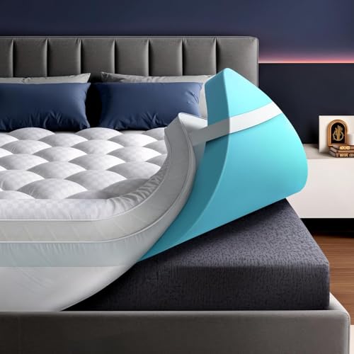 Biteany 5 Inch Mega Support Memory Foam Mattress Topper for Pressure Relief, Dual Layer 2.5' Pillow Top Mattress Topper Plus 2.5' Cooling Gel Infused Memory Foam Mattress Pad (Queen)