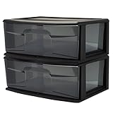 HOMZ 2-Pack 1-Drawer Storage Cart, Plastic Container with Smoke Tint, 15' Wide Body, Black Frame - Organizing Drawer Containers for Home, Bathroom, Bedroom, Office, and Classroom