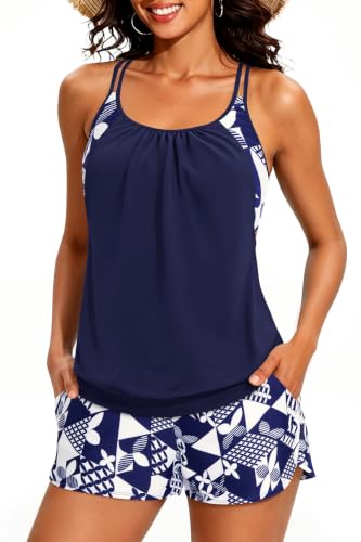 Image of Holipick Womens 2 Piece Tankini Swimsuit Blouson Tummy Control Bathing Suit | Double Up Design, Removable Pad, High Waisted Boy Shorts