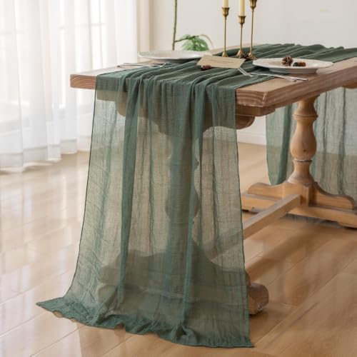 Image of 2Pcs Forest Green Cheesecloth Table Runner 120 Inches for Party Home Decor | Ideal for wedding baby shower bridal shower birthday engagement party,or adding rustic boho charm to daily home.