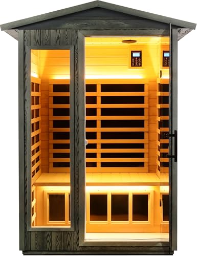 Image of LTCCDSS Carbonized Composite Wood Outdoor Sauna 2-Person - Low EMF Far Infrared Sauna for Home - Bluetooth Speakers, LED Reading Lamps, Chromotherapy Lights (57.8 * 40.5 * 81.1 inch)