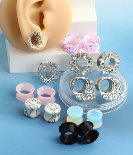 TIANCI FBYJS 8 Pairs Stainless steel Ear Tunnels Earrings Silicone Gauges Plugs For Ear Brass Hollow Plugs and Tunnels Glass Piercings Stretcher Kit 2g 00g 5/84