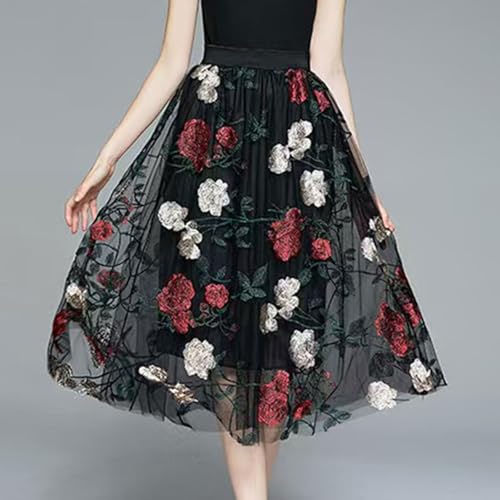 Women Vintage Floral Embroidered Tulle Midi Skirt Retro 50s Party Elastic High Waist Pleated A-line Swing Mesh Skirts2