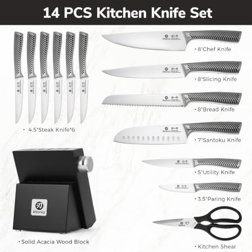 Image of Imarku 14-Piece Japanese Gyutou Stainless Steel Knife Set with Block | 15 Precision Edge | 56±2 HRC Hardness | Full-Tang Build for Perfect Balance | Built-in Sharpener for Easy Maintenance