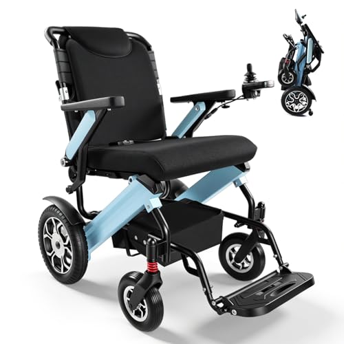 YL002 Lightweight Foldable Electric Wheelchair for Adults & Seniors, Dual 500W Brushless Motors, 30 Miles Range, 350 lbs Capacity, Aluminum Frame, 2 Detachable Lithium Batteries, Blue