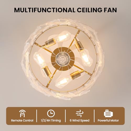 Image of 20'' Fandelier Ceiling Fans with Lights, Gold Caged Ceiling Fan with Remote Low Profile, 6 Speed and Gingko Leaf, Modern Semi Flush Mount Ceiling Fan for Bedroom, Living Room, Nursery