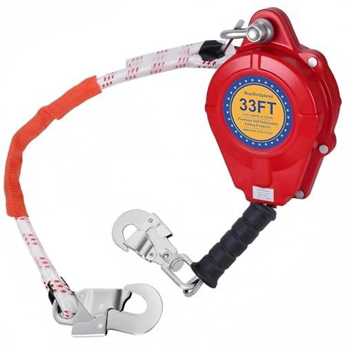 Premium Self Retractable Fall Arrester 33FT Fall Protection Lanyard, Alloy Steel Multi-Strand No-Tangle Safety Rope, Harness, Cable, Double Locking Quick Brake Safety Hook, Gear for High-Altitude Work