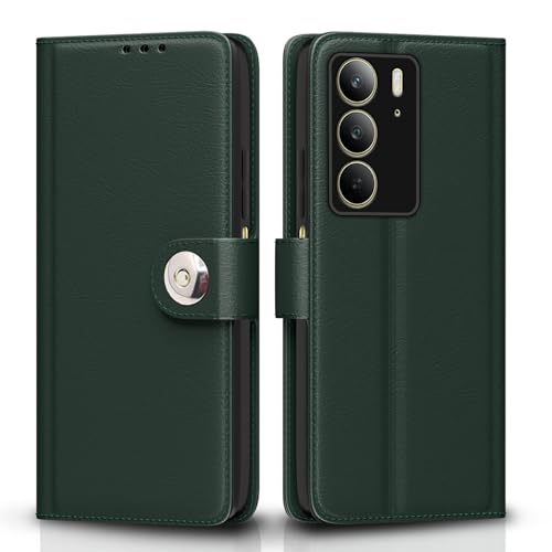 Image of Pikkme Flip Cover Leather Finish | Inside TPU with Card Pockets | Wallet Stand and Shock Proof | Complete Protection Button Flip Case for Realme C75(Green)
