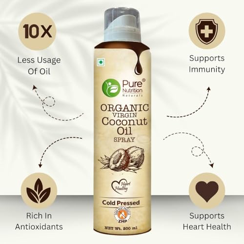 Image of Pure Nutrition Organic Extra Virgin Coconut Oil Spray - 600ml (200ml X 3) | 100% Pure, Edible & Cold Pressed | Ideal for Cooking, Baking & Salad Dressing | Non-GMO, Zero Cholesterol | Easy-to-Use Spray for Skin & Hair Care