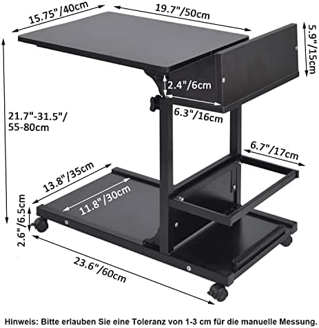 mosegor C-Shaped Side Table, Height Adjustable C Table with Wheels, Rolling Sofa Side Table with Storage, Wooden Snack Side Table, Mobile Coffee Table for Living Room, Bedroom