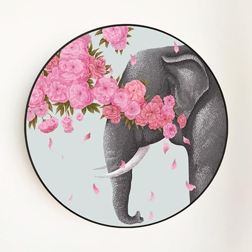 Image of PAINTINGMANTRA Elephant with Pink Flowers Round Large Wall Art Painting for Living Room Decoration, Circular Gold Metal Finish Stylish Large Wall Art Print for Wall Decor (22x22 Inches)