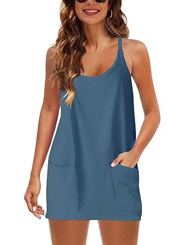 Image of Lentta Womens Athletic Sleeveless Mini Dress with Built-in Shorts V Neck Spaghetti Strap Sundress