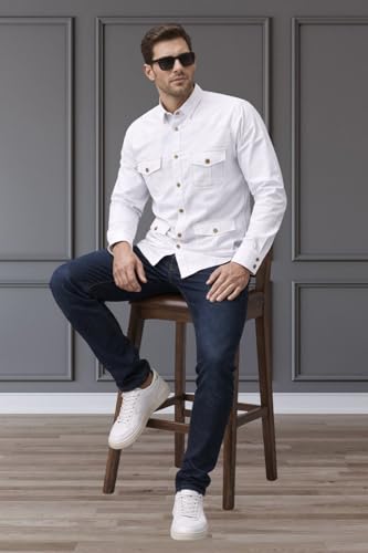 Image of LATEST CHIKAN Men's White Safari Overshirt | Full Sleeve Button-Up with 4 Pockets & Contrast Stitching | Breathable Cotton Casual Wear |