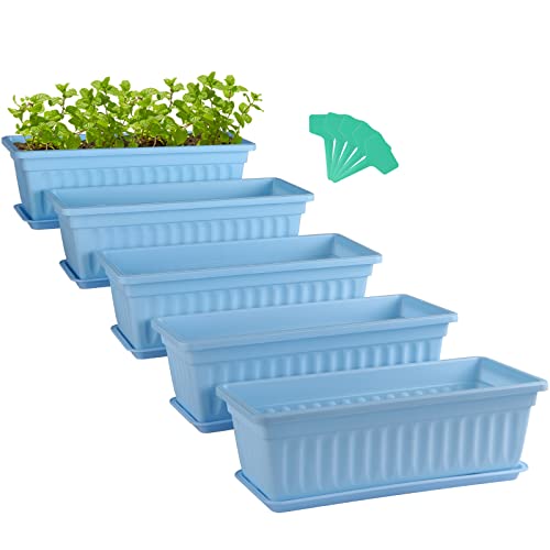 Skelang 5 Pcs pots de fleurs rectangulaires 42,7cm, support pour plante avec plateau, jardinière de jardinage avec étiquette, boîte de seuil de fenêtre...