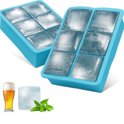 Image of Large Ice Cube Tray for Whiskey: Silicone Ice Cube Trays with Lid - 2Pack Big Square Old Fashioned Ice Cube Maker for Cocktail - 2inch Huge Cubed Ice Trays (Sky Blue)