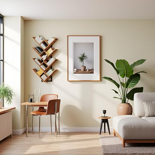 Image of HOOBRO Floating Shelves for Wall, Set of 2 Wall Mounted Shelves, 2-Tier Wooden Tree Bookshelf, Hanging Shelves Storage Rack, for Living Room, Kitchen, Office, Rustic Brown and Black BF54BJP201