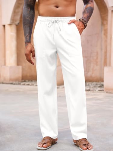 Runcati Mens Casual Pants Elastic Waist Drawstring Linen Lightweight Loose Fit Pants Summer Beach Yoga Trousers2