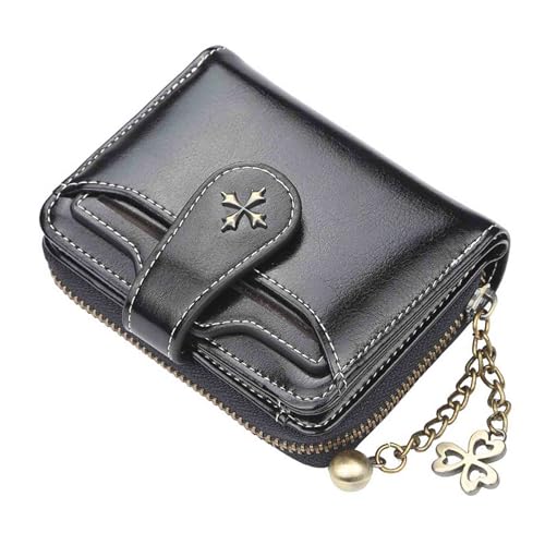Women's retro wallet small wallet Y2K credit card bag zipper double fold wallet mini leather aesthetic wallet y2k wallet (Black)