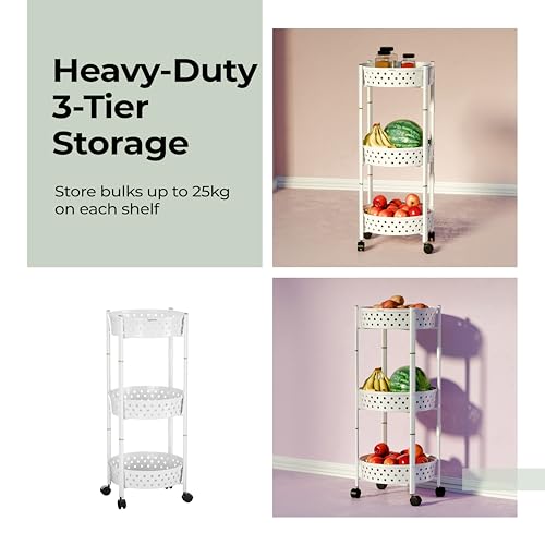 Image of Lifelong Kitchen Storage Rack|3-Layer Baskets|Foldable & Rolling Storage Cart|Trolley with Wheels|Vegetable Stand|Onion, Potato & Fruits Rack for Kitchen Organizer (LLKAFB03, White)
