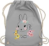 Shirtracer Turnbeutel Jute Beutel Gym Bag Rucksack - Beutel Ostergeschenk Geschenktüte Ostern - Hase mit Blumen Schwarze Linien - Unisize - Hellgrau - hase kaninchen turnbeutel - WM110