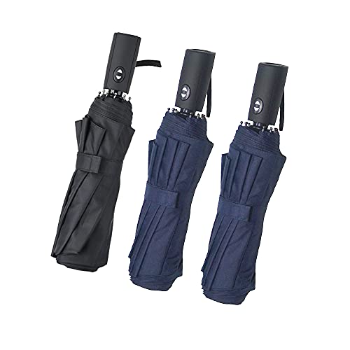 UBHH 3 PACK Automatic Auto Open Close Large Canopy Umbrella - 10 Rib STRONG Reinforced Windgard WINDPROOF Frame With Fiberglass - Compact Portable Lightweight Travel Umbrella (3 Pack（1Black+2Blue))