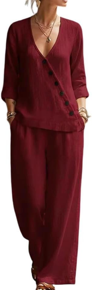 Women Cotton Linen Two Piece Set V Neck Blouse Wide Leg Pants Casual Spring Summer Outfit