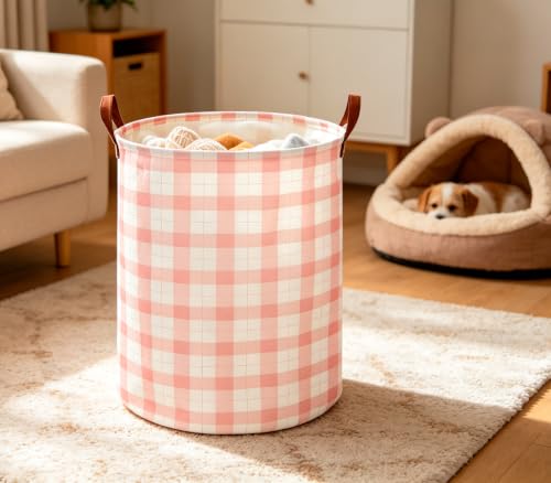 Image of CLOCOR Laundry Basket, Waterproof Fabric Storage Container, Room Decor, Gift Basket(Pink Grid)